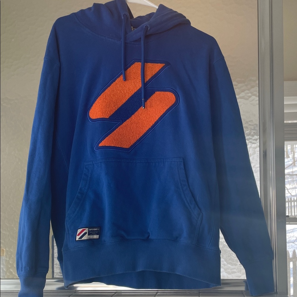 Superdry Blue Hoodie with Orange Logo